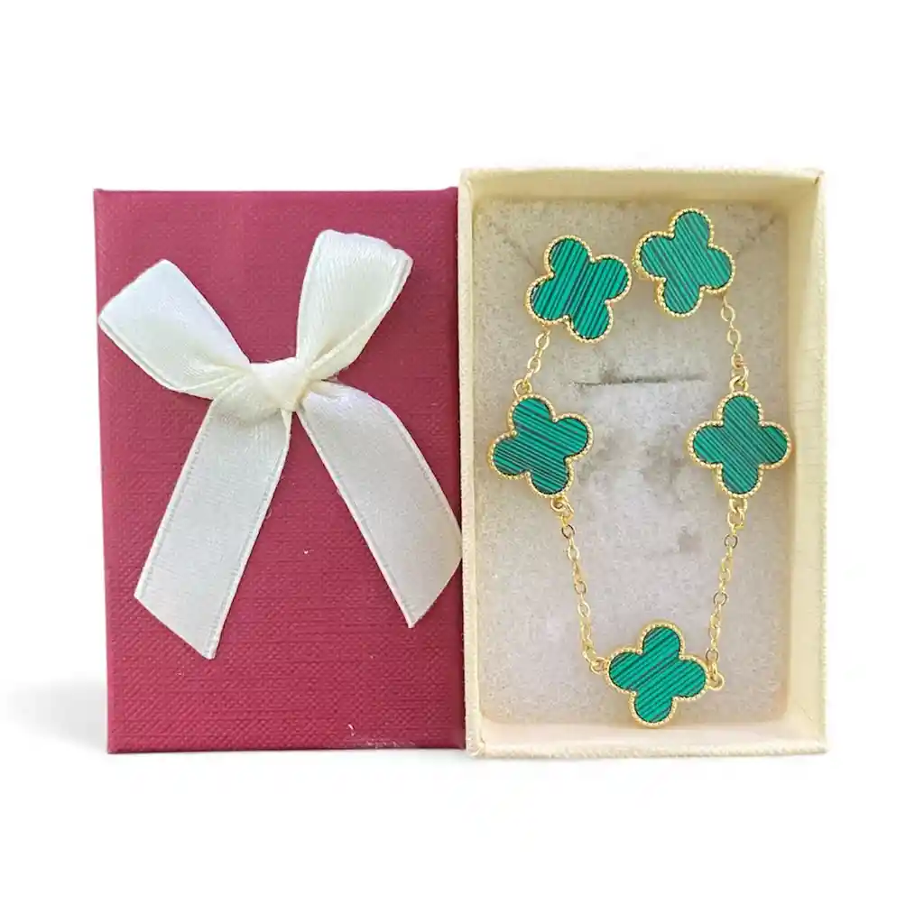Gargantilla Y Aretes Dorados De Rodio Con Dije Tipo Trebol De Cuatro Petalos Color Verde