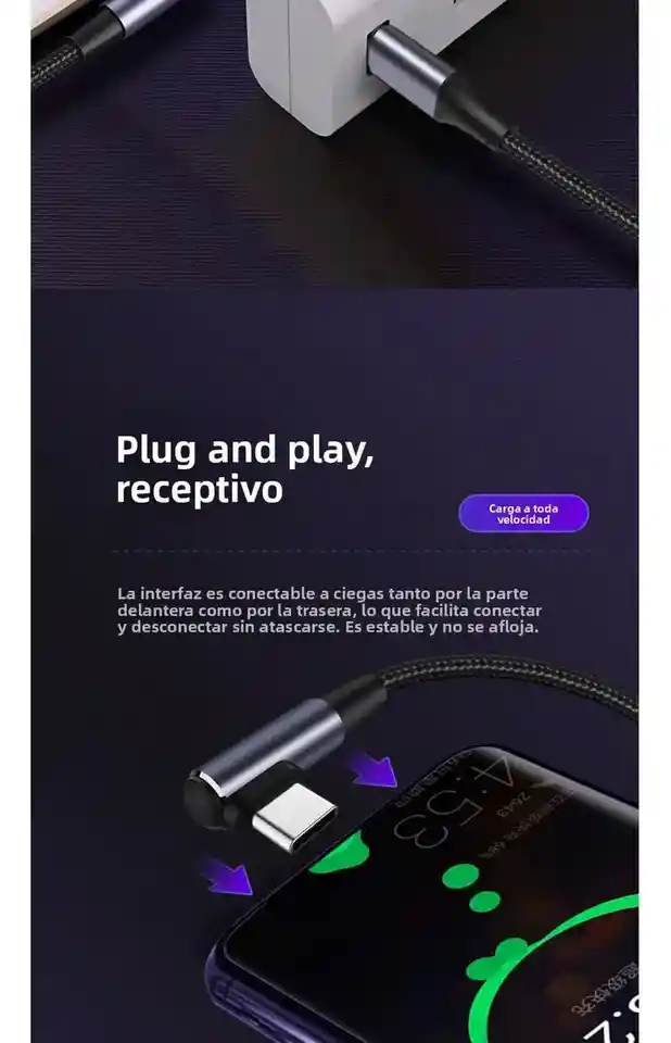 Cable Havit Tipo C A Tipo C 2 M Cb6313, Trenzado En Nailon, Punta En L, Aleación De Aluminio Y Carga Rápida Pd 60w Ideal Para Celulares, Tablets Y Laptops