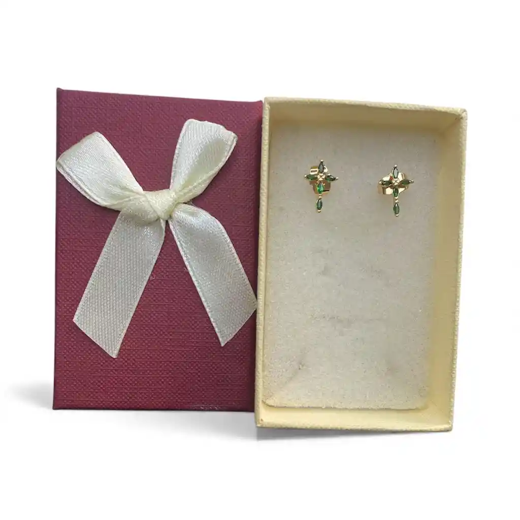 Aretes Tipo Topo Diseño De Cruz Con Gemas Verdes En Acero