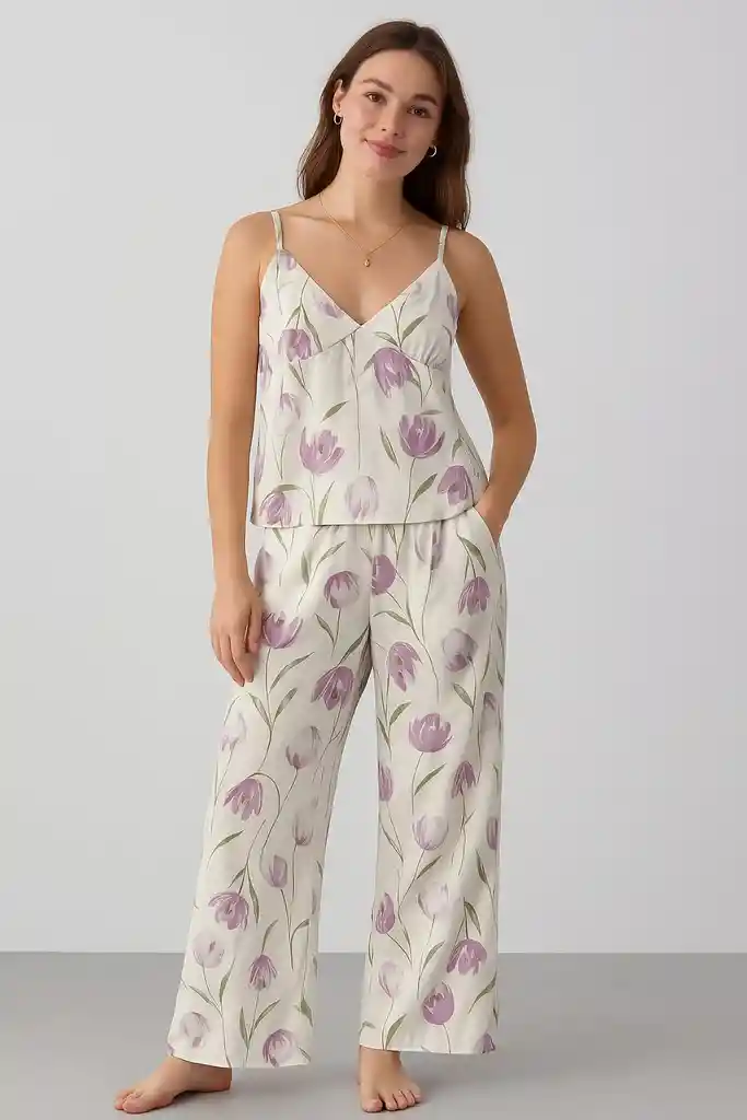 Pijama Satín Floral Rosa — Edición Belle Nuit