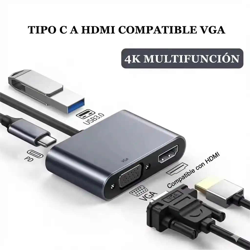Multipuerto Usb Tipo C 4 En 1 Hdmi Vga 3.0 | Retro Carga Usb C, Puerto Usb