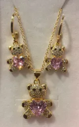 Conjunto Collar Y Aretes De Oso Rosado