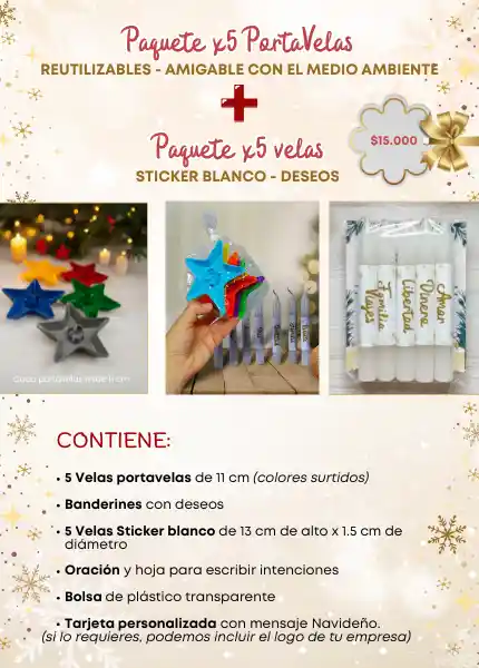 Paquete X5 Velas Deseos + 5 Portavelas - Día De Las Velitas