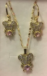 Conjunto Collar Y Aretes De Oso Con Diamante Rosado