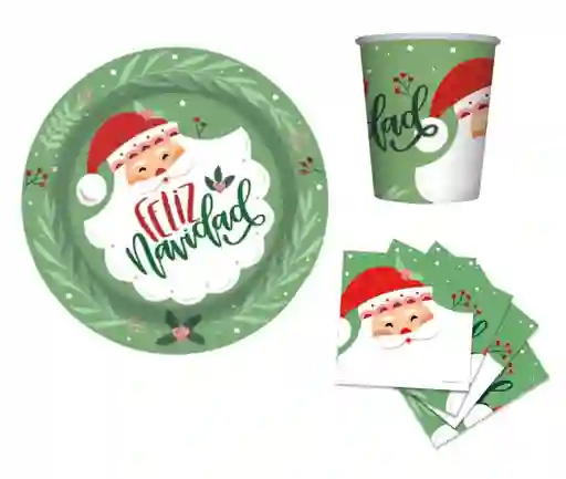 Set Platos, Vasos Y Servilletas X8 Navidad Santa Feliz Sempertex