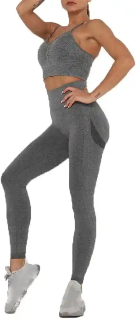 Conjunto Deportivo Leggins Levanta Cola + Croptop Color Gris