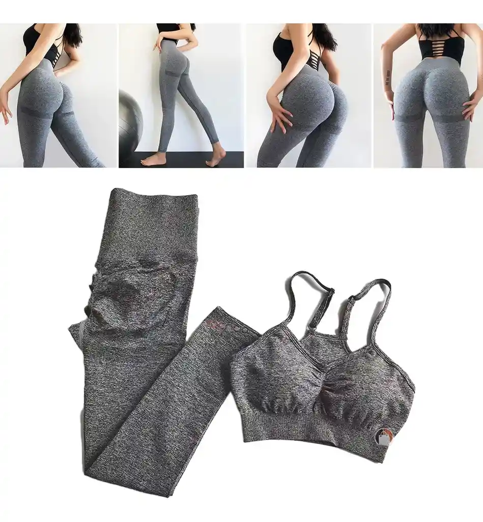 Conjunto Deportivo Leggins Levanta Cola + Croptop Color Gris