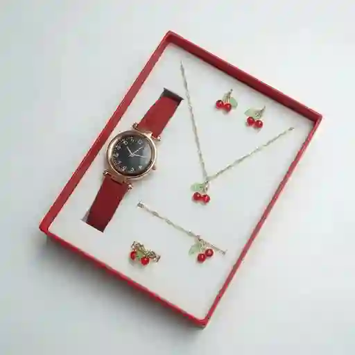 Kit Reloj Para Mujer Cerezas + Juego De Collar Aretes