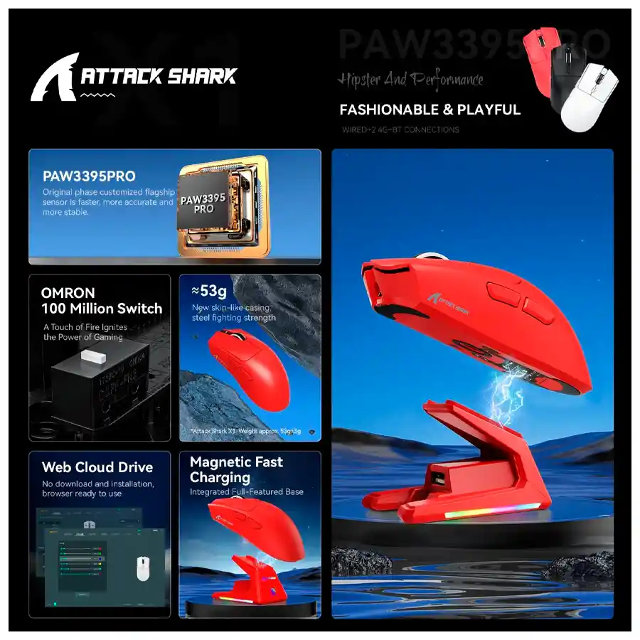 Mouse Gamer Inalámbrico Attack Shark X1 Trimodo Panel Táctil Rojo