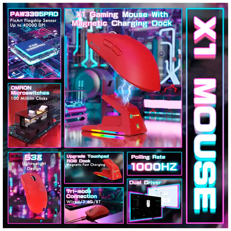 Mouse Gamer Inalámbrico Attack Shark X1 Trimodo Panel Táctil Rojo