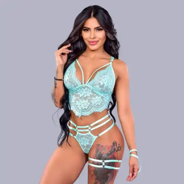 Conjunto Lenceria Jessie Verde Menta Encaje Y Liga