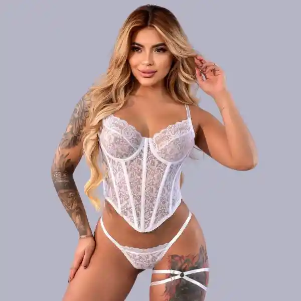 Conjunto Lenceria Corsét Julia Blanco Encaje Talla Única