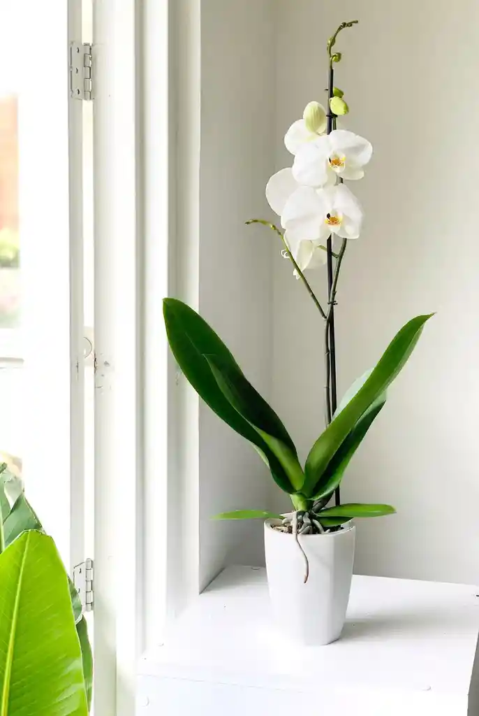 Orquidea Phalaenopsis De Una Vara, Tono Blanco, En Maceta Blanca