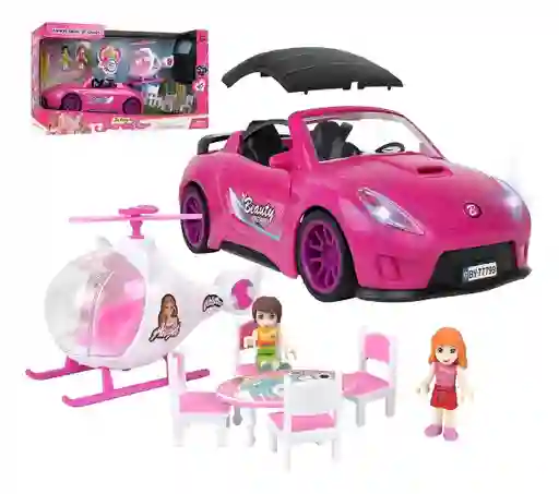 Carro Muñeca Polly Convertible Con Helicóptero Accesorios