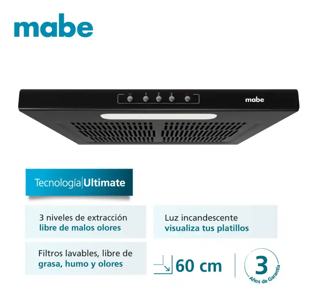 Campana De Pared 60 Cm Negra Mabe Cm6035nv0 Color Negro