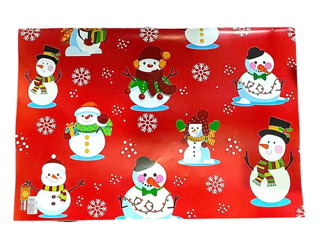 Papel De Regalo Navidad Fondo Rojo - Muñeco De Nieve X 5 Pliegos