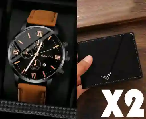 Combo Reloj Hombre Geneva Cafe + Billetera Negra