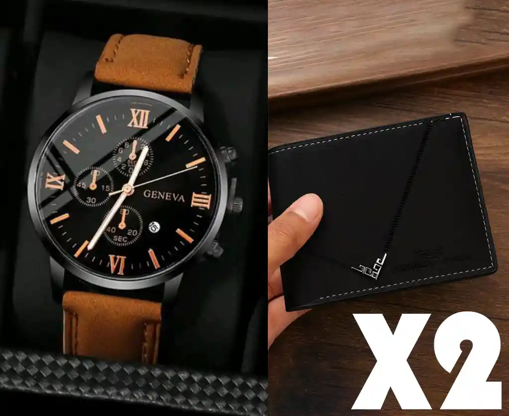 Combo Reloj Hombre Geneva Cafe + Billetera Negra