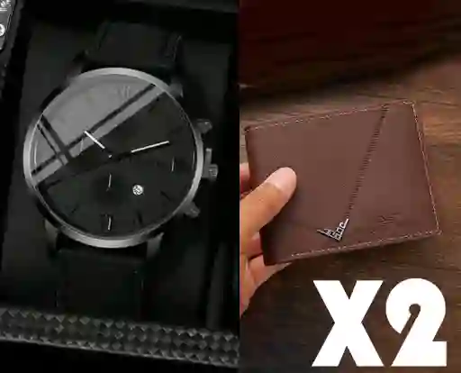 Combo Reloj Hombre Geneva Negro + Billetera Marron