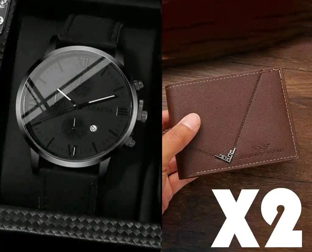 Combo Reloj Hombre Geneva Negro + Billetera Marron