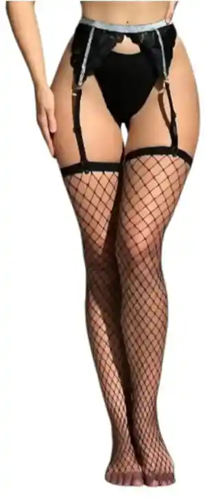 Medias Con Liguero Malla Hermanas Fashion. Lenceria. Negro