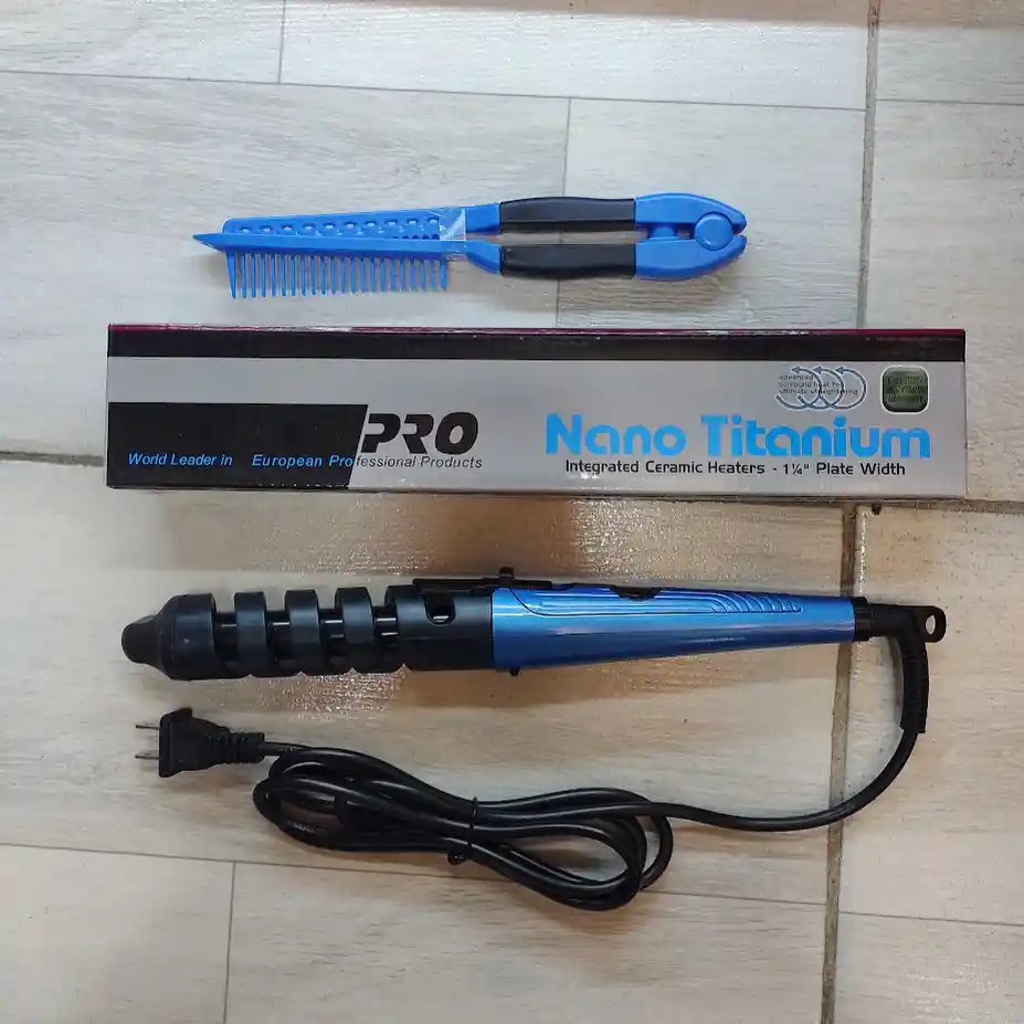 Pinza Rizador Encrespador Ondulador Electrico Para Cabello Nano Titanium Pro + Peinilla Azul