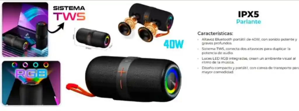 Altavoz Portátil De 40w De Alta Potencia Con Sonido Estéreo, Graves Profundos, Iluminación Rgb Y Emparejamiento Inalámbrico Para Exteriores