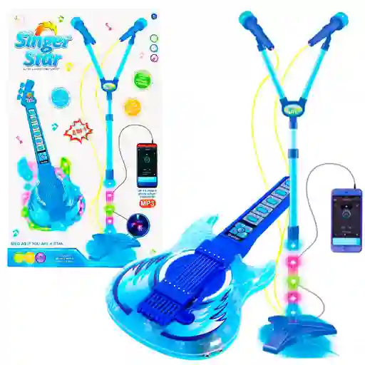 Guitarra Karaoke Luces Y Sonido Niño Con 2 Micrófonos Mp3