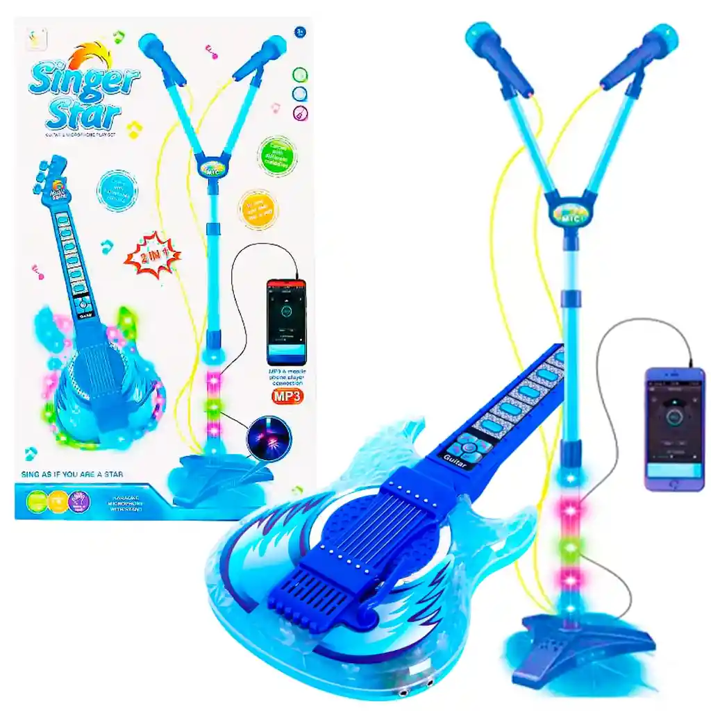 Guitarra Karaoke Luces Y Sonido Niño Con 2 Micrófonos Mp3