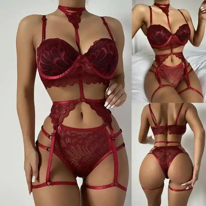 Conjunto De 2 Piezas Con Gargantilla Y Liguero. Negro. Lenceria