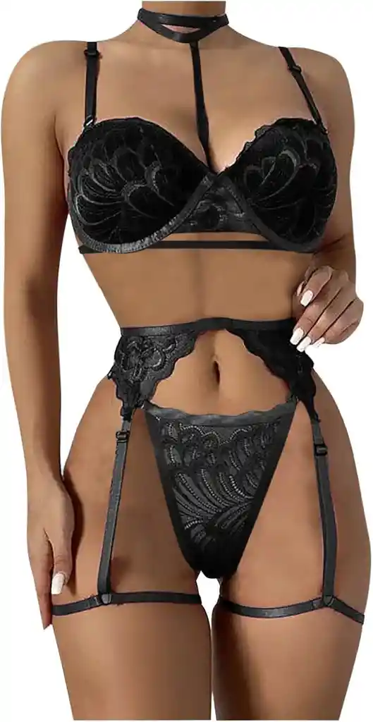 Conjunto De 2 Piezas Con Gargantilla Y Liguero. Negro. Lenceria