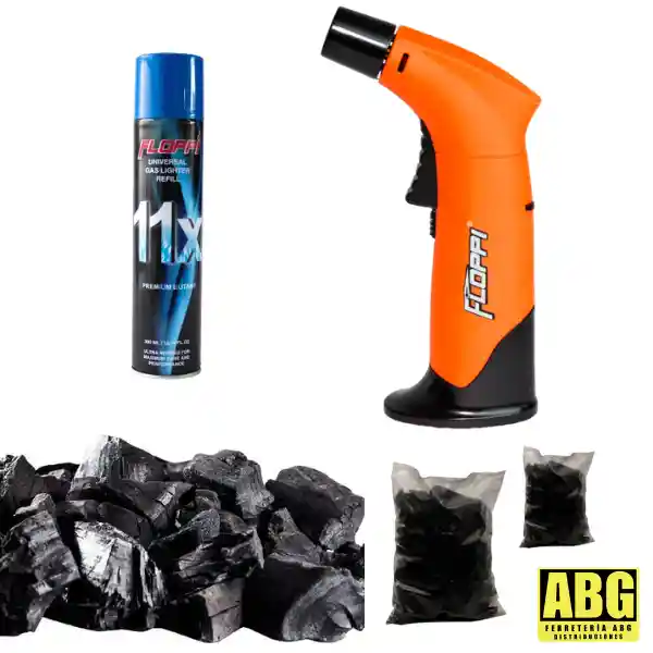 Asado Fácil!! Carbón Vegetal X2kg + Soplete Recargable Y Recarga Gas Butano