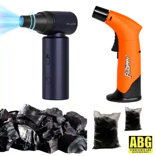 Super Combo! Mega Asado Carbón Vegetal X2kg + Soplete Recargable + Soplador Recargable