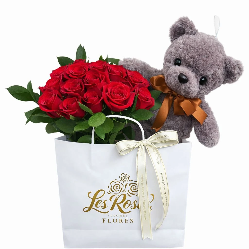 Jarrón De Rosas Rojas X20 Con Peluche — Romance. Arreglo floral de Flores Les Roses con envío a domicilio en Bogotá.