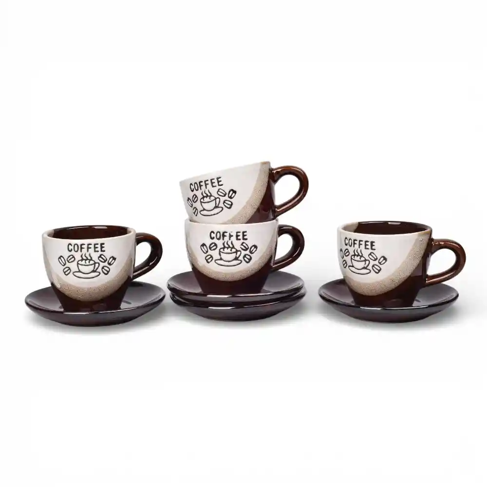Set 4pcs Pocillo Cermica Con Plato Café Con Blanco 90ml Dim:7x7x5
