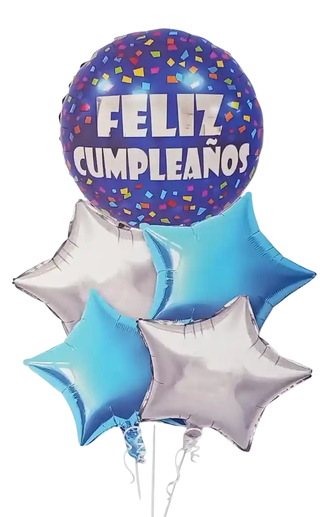 Bouquet Globos Y Bombas Feliz Cumpleaños Azul Y Plata 5 Piezas