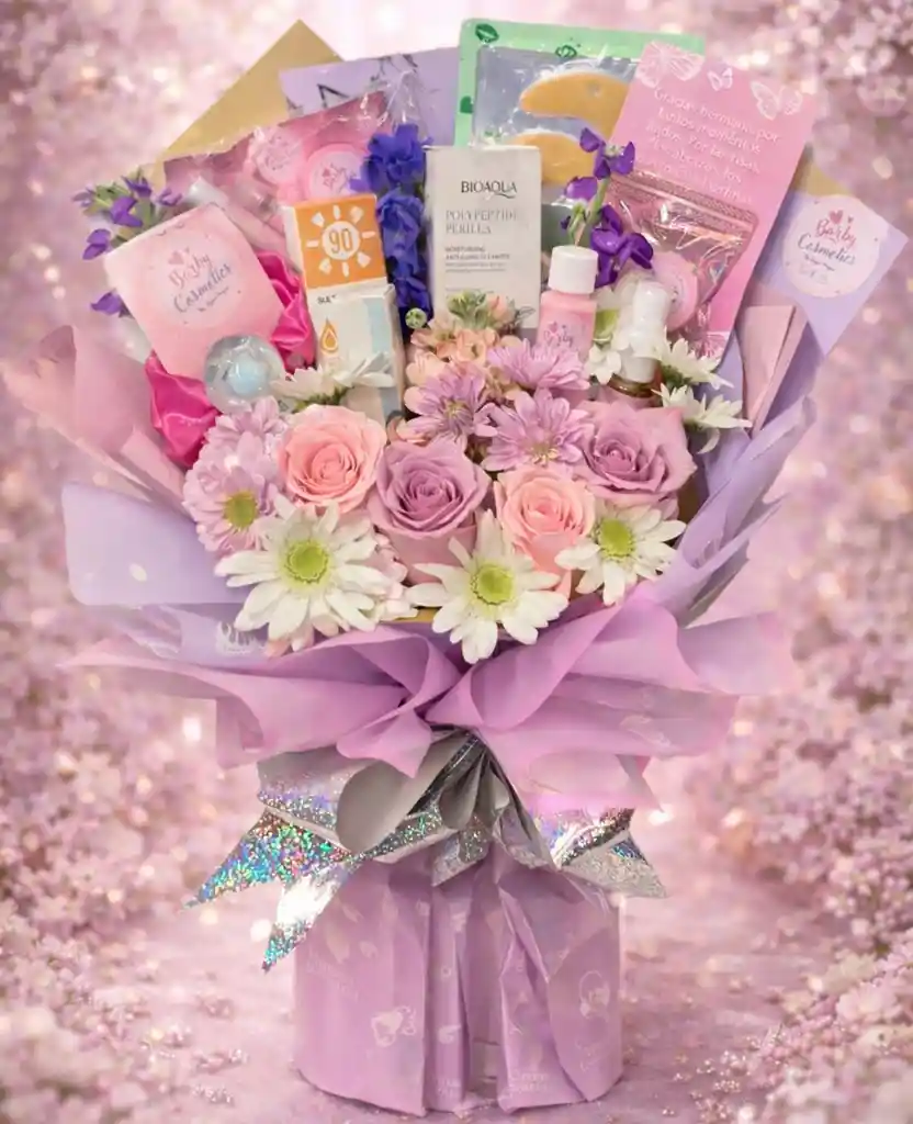 Bouquet Lila Rosado De Maquillaje Rosas Naturales