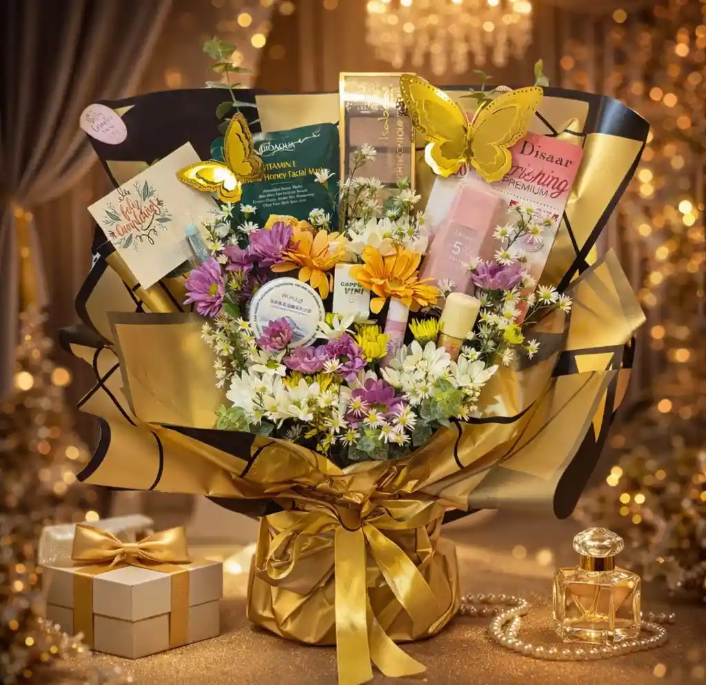 Bouquet Dorado De Maquillaje Y Rosas Naturales