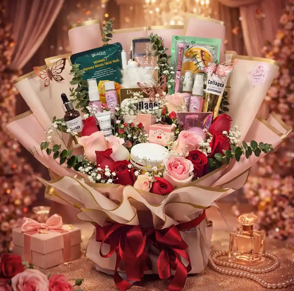 Bouquet Rojo De Maquillaje Y Rosas Naturales