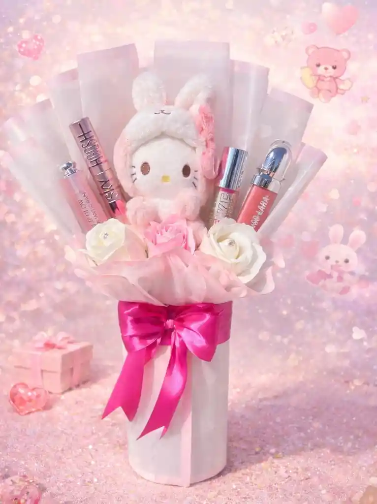 Bouquet Blanco De Rosas, Peluche Y Maquillaje