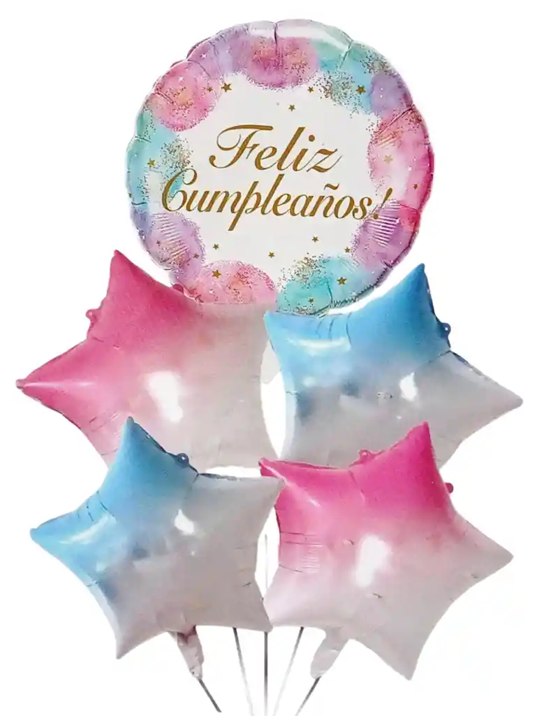 Bouquet Globos Y Bombas Feliz Cumpleaños Azul Y Rosa 5 Piezas