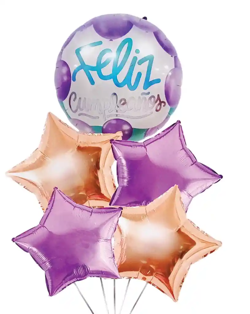Bouquet Globos Y Bombas Feliz Cumpleaños Lila Y Oro Rosa 5 Piezas