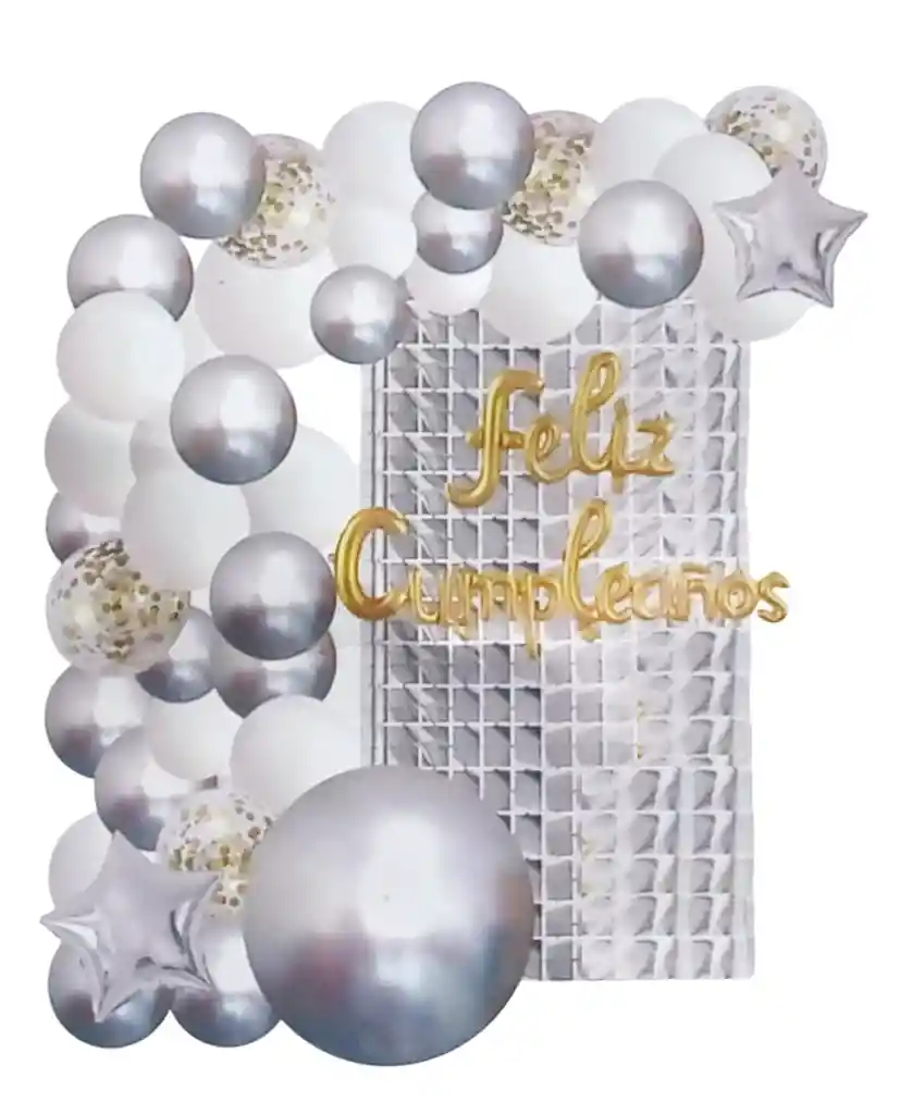 Feliz Cumpleaños Kit Arco De Globos Plateado 72 Piezas