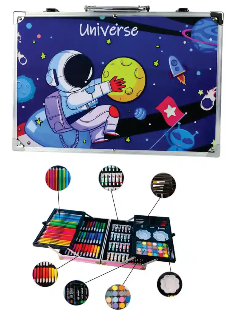 Set Kit Creativo Arte Dibujo Maleta Metalica Motivos Surtidos Niños X 145pcs