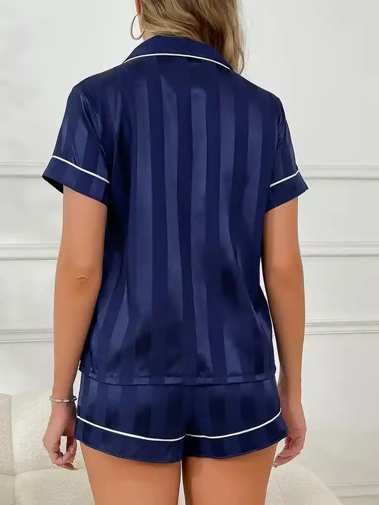 Pijama Dos Piezas En Satin Manga Corta Ribete En Contraste Talla L