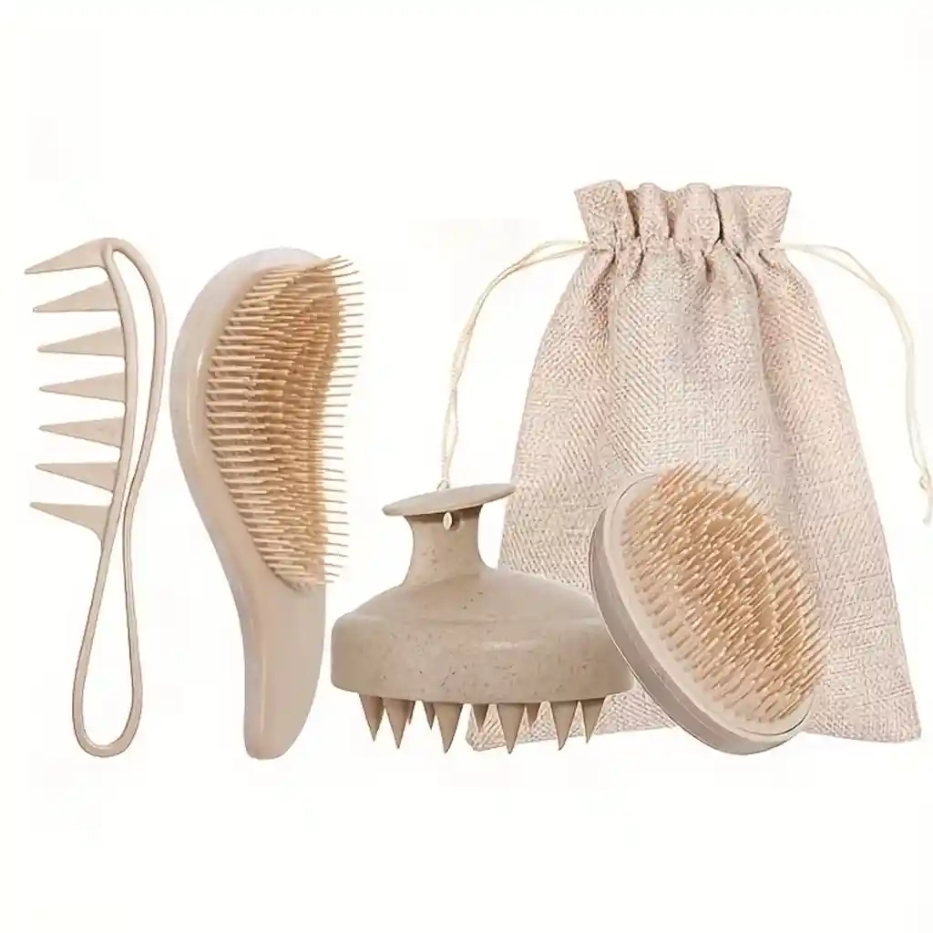 Set De Cepillos Beige 5 Piezas - Peine De Masaje, Peine De Dientes Suaves, Peine De Dientes Anchos Para Cabello Con Aceite, Cepillo De Champú Para Masaje Del Cuero Cabelludo + Bolsa De Regalo Regalo