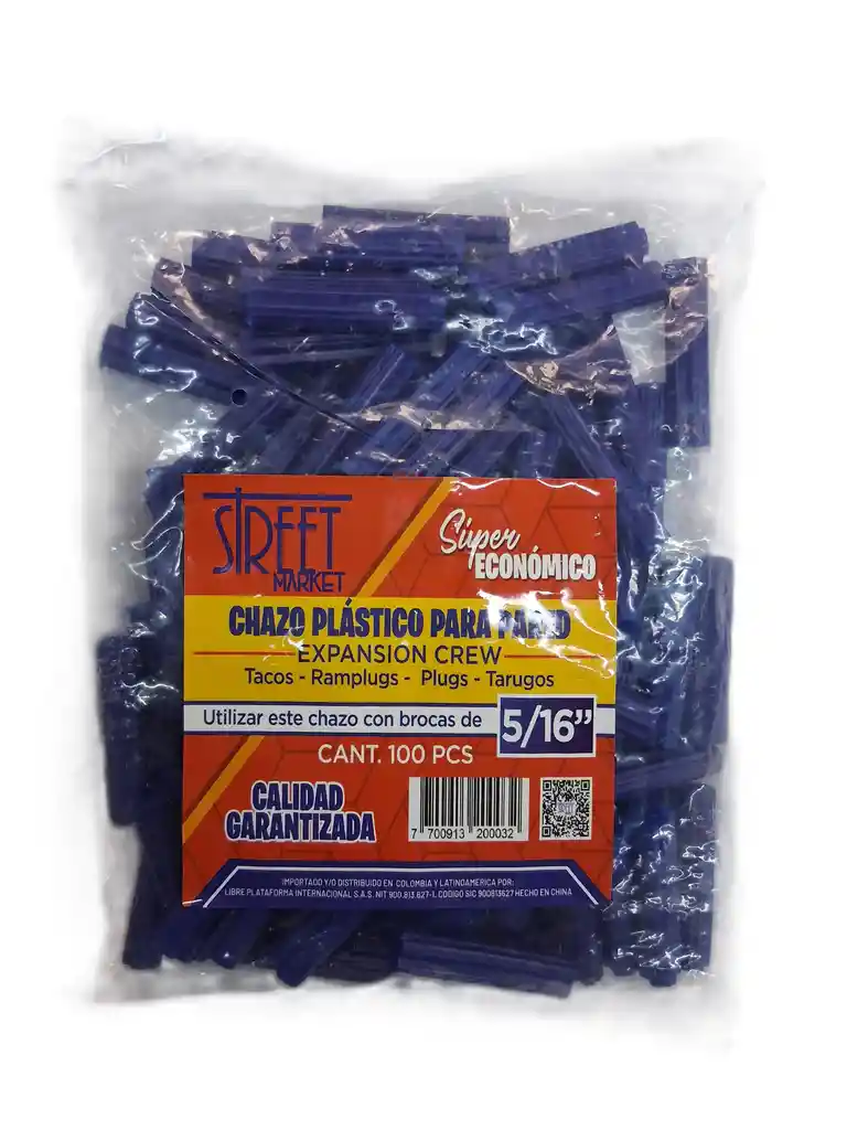 Chazo Plastico Azul 5/16" X 38mm Street Market X 100 Pcs (6r)