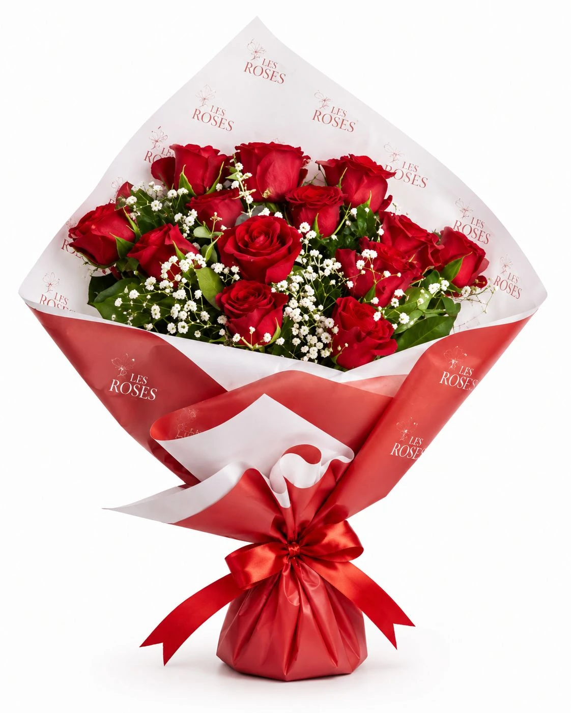 Ramo De Rosas Rojas X12 Con Gypsophila — Romance. Arreglo floral de Flores Les Roses con envío a domicilio en Bogotá.