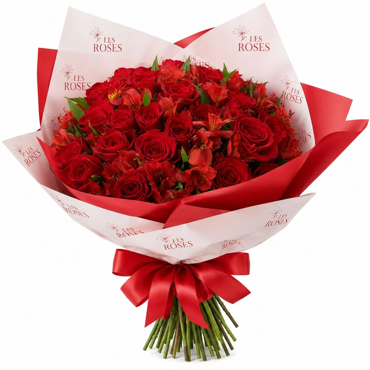 Ramo De Rosas Rojas X24 Con Astromelias — Romance. Arreglo floral de Flores Les Roses con envío a domicilio en Bogotá.