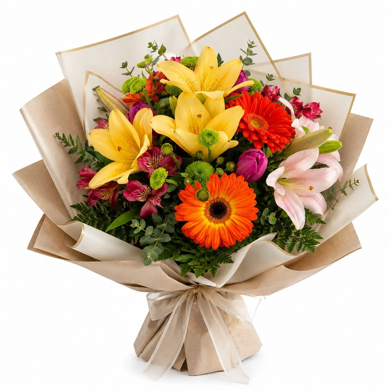 Ramo De Lirios, Gerberas Y Astromelias Surtido — Celebraciones. Arreglo floral de Flores Les Roses con envío a domicilio en Bogotá.
